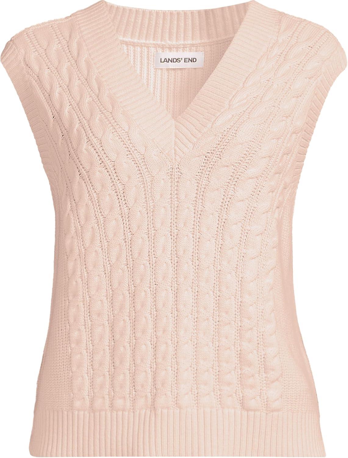 imageLands End Womens Drifter Modern Cable V Neck Vest SweaterPink Opal