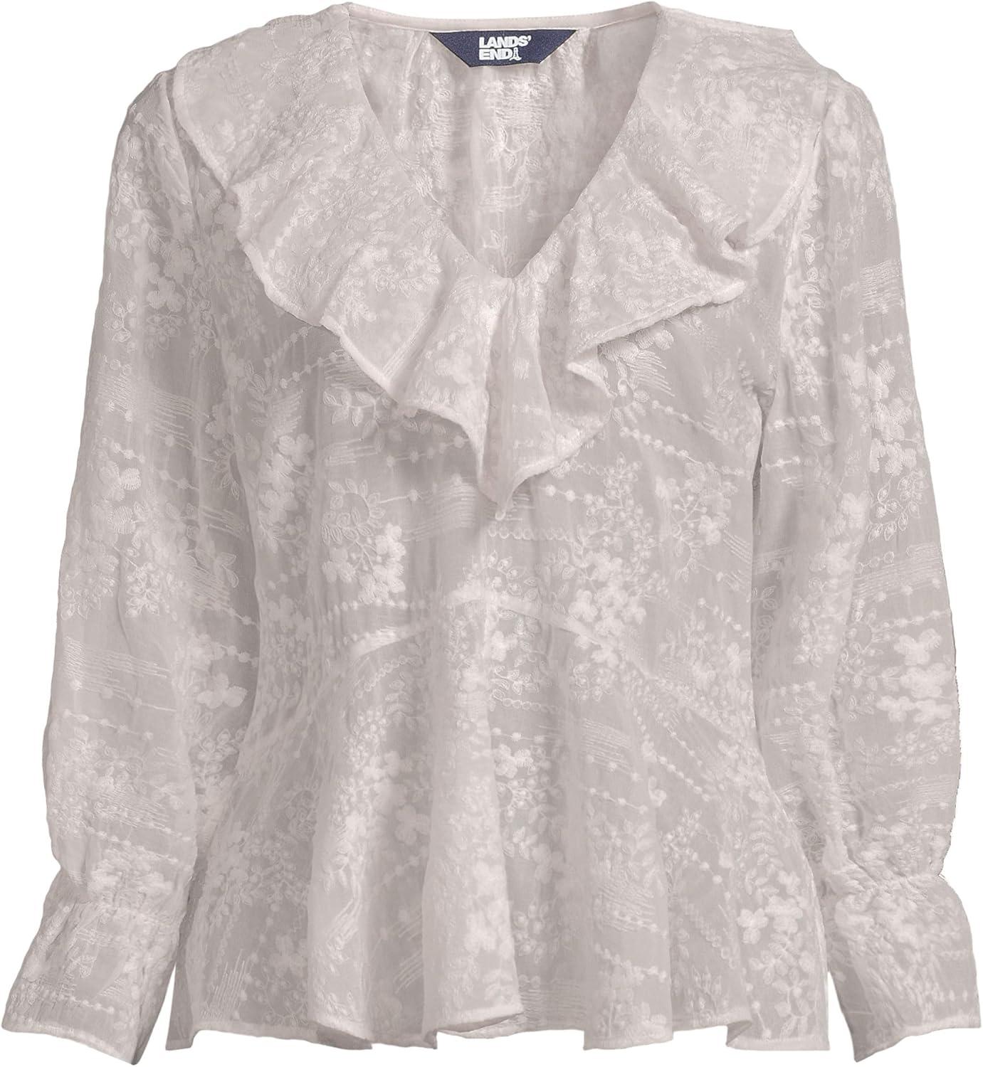 imageLands End Womens Feminine Ruffle Chiffon V Neck BlouseIvory