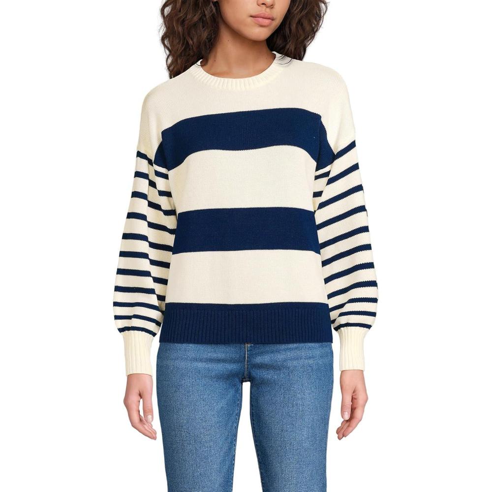imageLands End Womens Drifter Jersey Crewneck SweaterNavyFresh Ivory Wide Stripe
