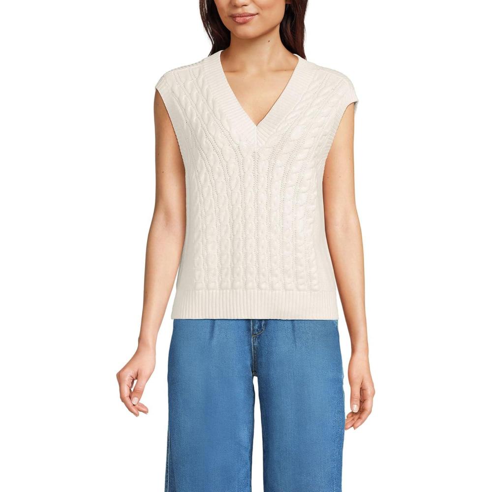 imageLands End Womens Drifter Modern Cable V Neck Vest SweaterFresh Ivory