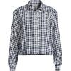 Lands’ End Women’s Cropped Flannel Shirt(Deep Sea/Ivory Mini Check)