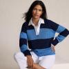 Lands’ End Women’s Drifter Rugby with Woven Collar Sweater(Muted Cobalt Blue/Navy Rugby)