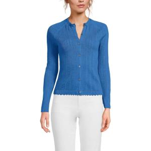 Lands’ End Women’s Cotton Pointelle Satin Trim Cardigan Sweater(Muted Cobalt Blue)