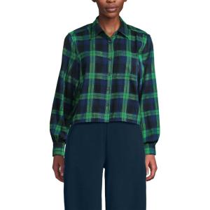 Lands’ End Women’s Cropped Flannel Shirt(Rich Clover/Navy Plaid)