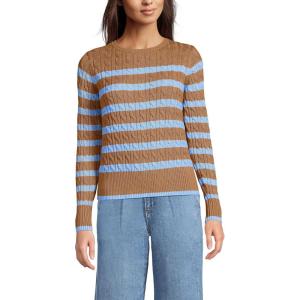 Lands’ End Women’s Drifter Modern Cable Crew Sweater(Canyon Camel/Blue Stripe)