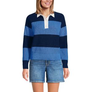 Lands’ End Women’s Drifter Rugby with Woven Collar Sweater(Muted Cobalt Blue/Navy Rugby)