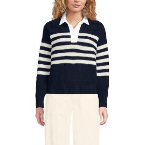 Lands’ End Women’s Drifter Rugby with Woven Collar Sweater(Navy/Ivory Placed Stripe)