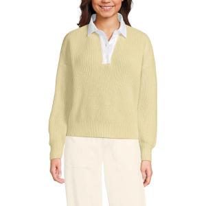 Lands’ End Women’s Drifter Rugby with Woven Collar Sweater(Pale Yellow)