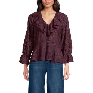 Lands’ End Women’s Feminine Ruffle Chiffon V Neck Blouse(Lush Burgundy)