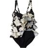 Lands’ End Women’s Smoothing Control Ruffle Fauxkini One Piece Swimsuit(Black/Egret Lilies)