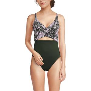Lands’ End Women’s Wrap Monokini High Leg One Piece Swimsuit(Orchid Meadow Ditsy Floral)