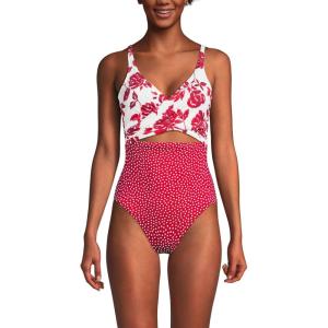Lands’ End Women’s Wrap Monokini High Leg One Piece Swimsuit(Red Dot/Red Graphic Floral)