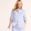 Lands’ End Women’s Linen Roll Sleeve Relaxed Tunic Top(Soft Blue Linen Stripe)