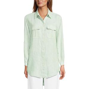 Lands’ End Women’s Linen Roll Sleeve Relaxed Tunic Top(Pale Emerald/Lilac Stripe)