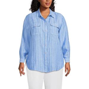 Lands’ End Women’s Linen Roll Sleeve Relaxed Tunic Top(Soft Blue Linen Stripe)