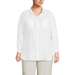 Lands’ End Women’s Linen Roll Sleeve Relaxed Tunic Top(White 24)