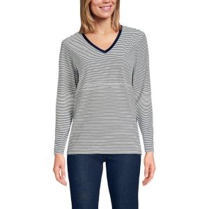 Lands’ End Women’s Relaxed American-Grown Supima Cotton Long Sleeve V-Neck T-Shirt(Deep Sea/Ivory Micro Stripe)