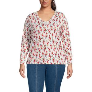 Lands’ End Women’s Relaxed American-Grown Supima Cotton Long Sleeve V-Neck T-Shirt(Ivory Mini Poppy Floral)