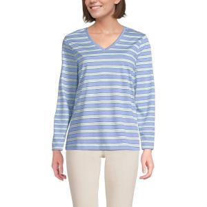 Lands’ End Women’s Relaxed American-Grown Supima Cotton Long Sleeve V-Neck T-Shirt(Light Sea Blue Multi Stripe)