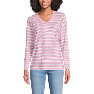 Lands’ End Women’s Relaxed American-Grown Supima Cotton Long Sleeve V-Neck T-Shirt(Seaside Pink Multi Stripe)