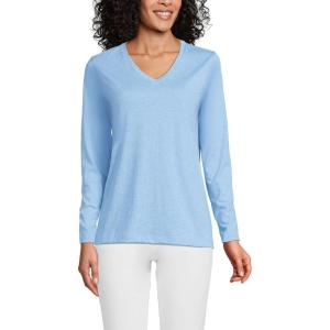 Lands’ End Women’s Relaxed American-Grown Supima Cotton Long Sleeve V-Neck T-Shirt(Soft True Blue Heather)