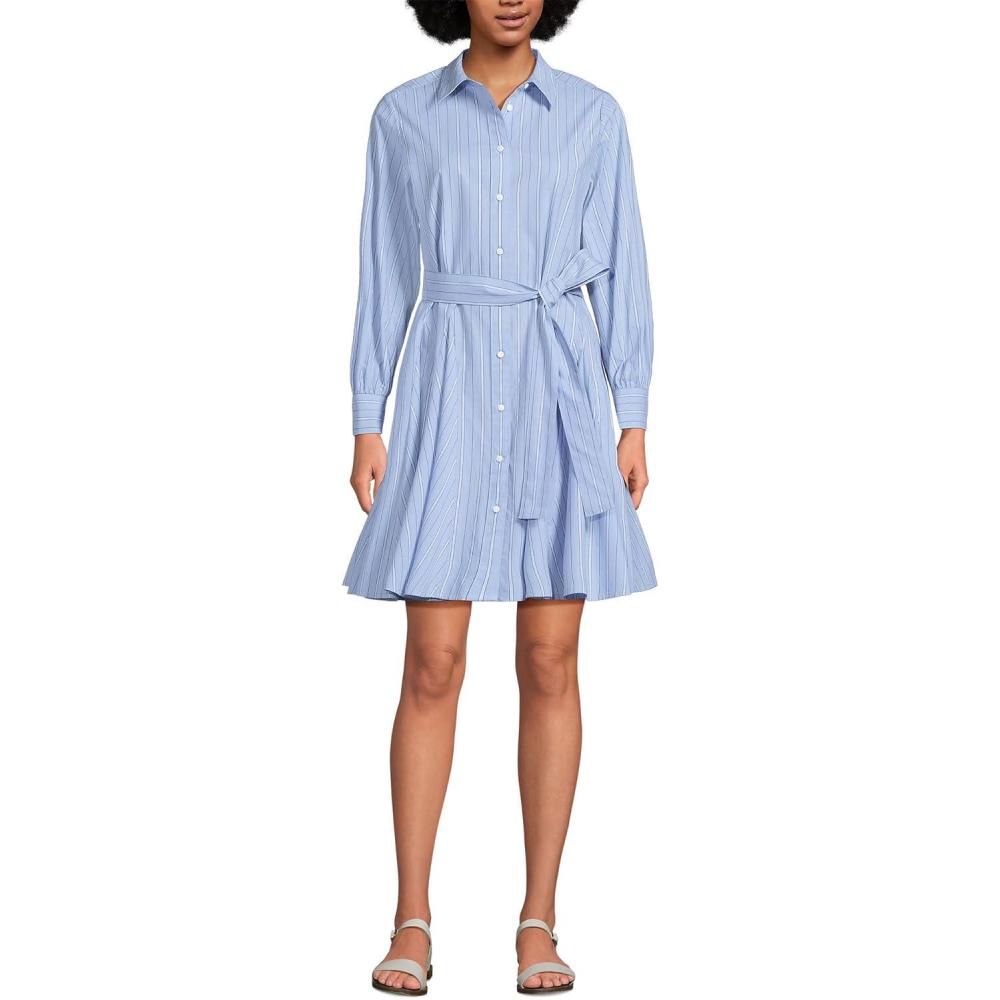 imageLands End Womens Poplin Button Front Dress with GodetsLight Sea BlueWhite Stripe