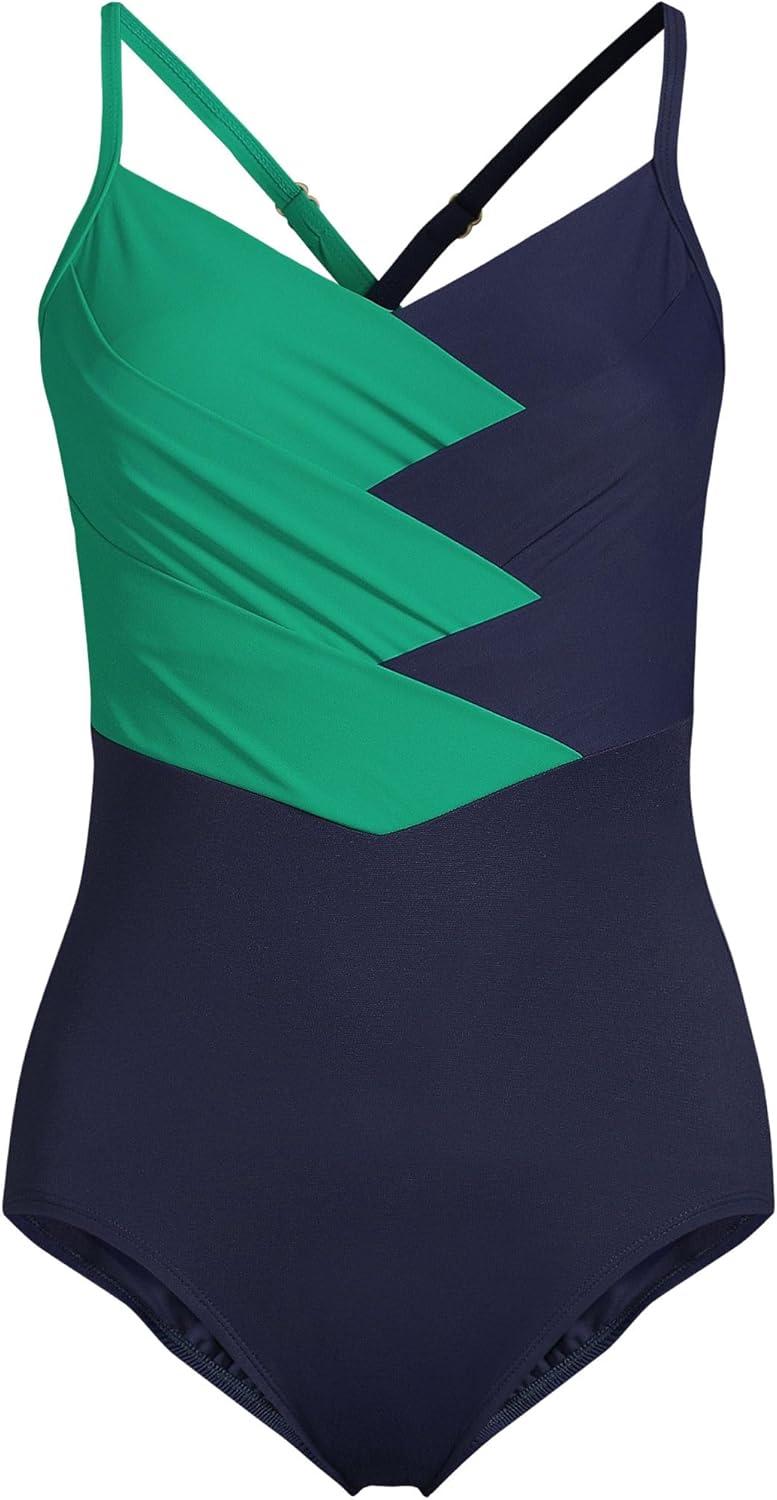 imageLands End Womens Slender Suit VNeck Pleated XBack One Piece Swimsuit Adjustable StrapsGreenNavy