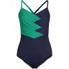 Lands’ End Women’s Slender Suit V-Neck Pleated X-Back One Piece Swimsuit Adjustable Straps(Green/Navy)