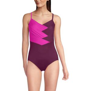 Lands’ End Women’s Slender Suit V-Neck Pleated X-Back One Piece Swimsuit Adjustable Straps(Crimson Rose/Wine)