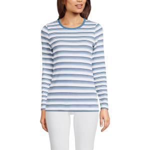 Lands’ End Women’s Cotton Rib Knit T-Shirt(Ivory/Teal Blue Multi Stripe)