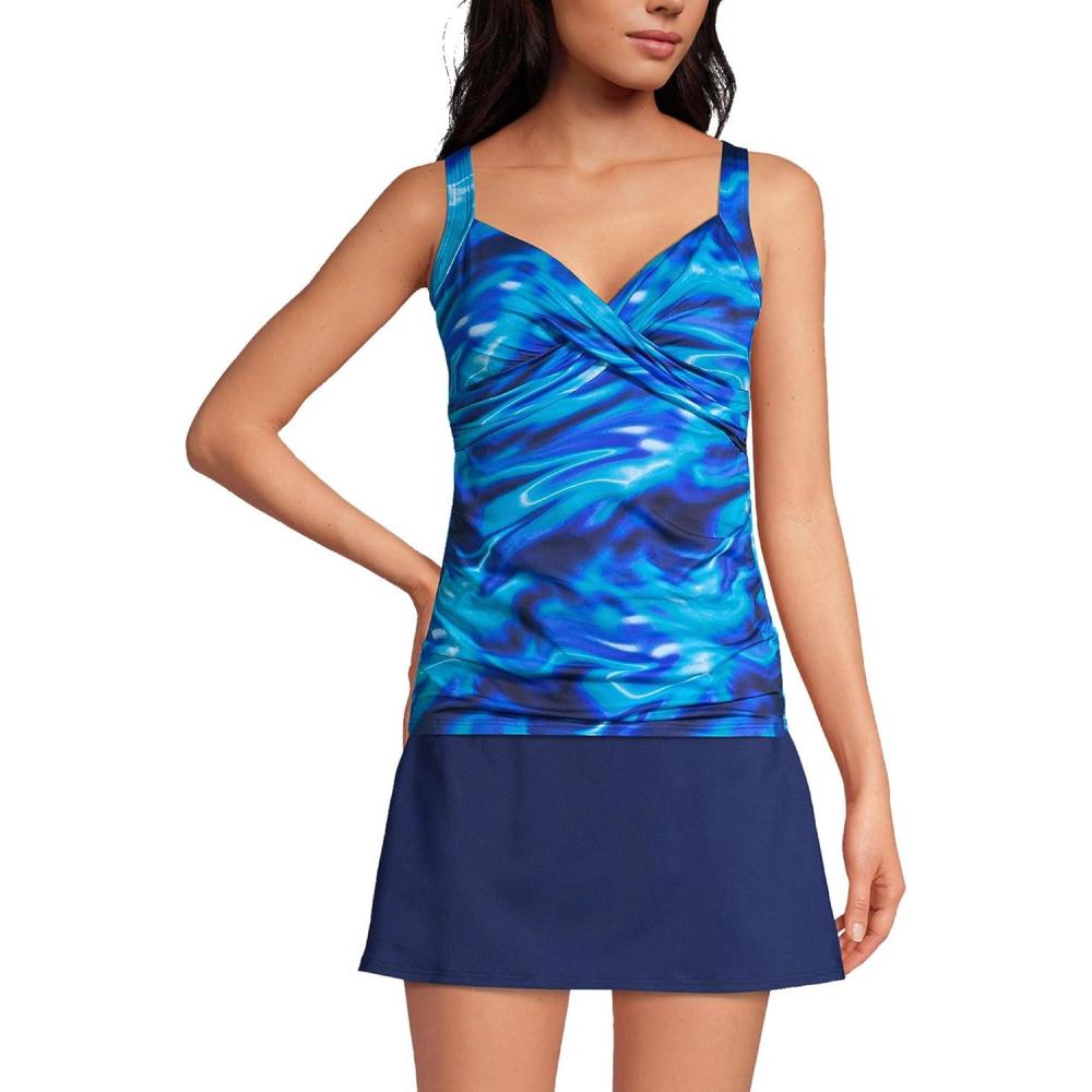 imageLands End Womens Chlorine Resistant Wrap Tankini Swimsuit TopElectric Blue MultiSwirl