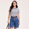Lands’ End Women’s Cotton Rib Knit T-Shirt(Ivory/Deep Sea Quad Stripe)