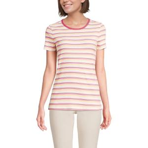 Lands’ End Women’s Cotton Rib Knit T-Shirt(Ivory/Coral Multi Stripe)