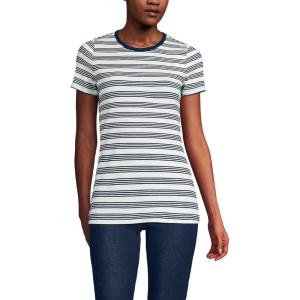 Lands’ End Women’s Cotton Rib Knit T-Shirt(Ivory/Deep Sea Quad Stripe)