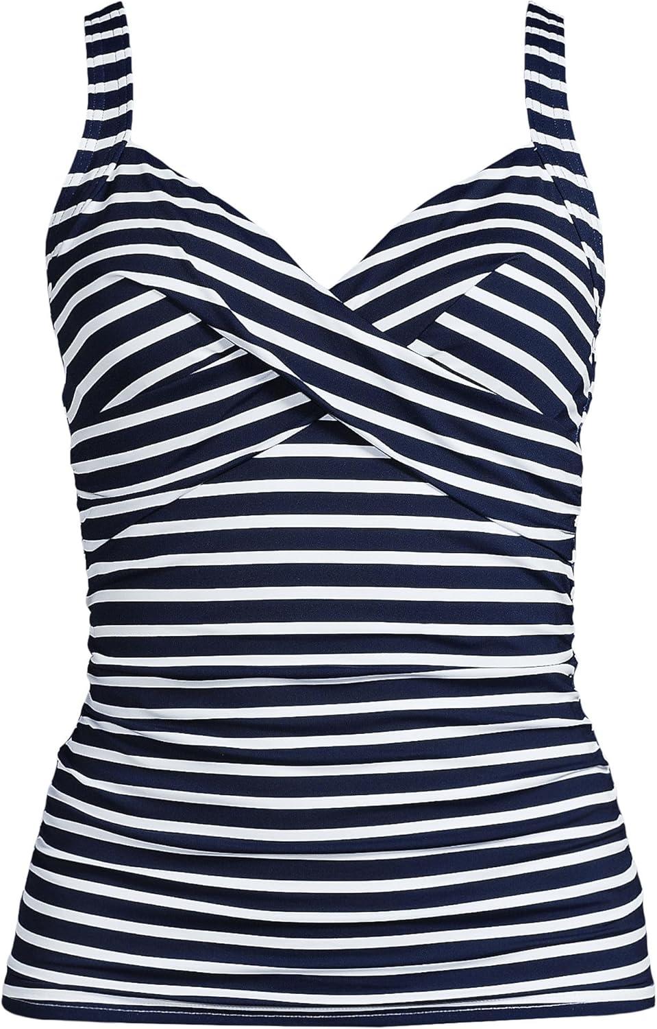imageLands End Womens Chlorine Resistant Wrap Tankini Swimsuit TopDeep SeaWhite Media Stripes