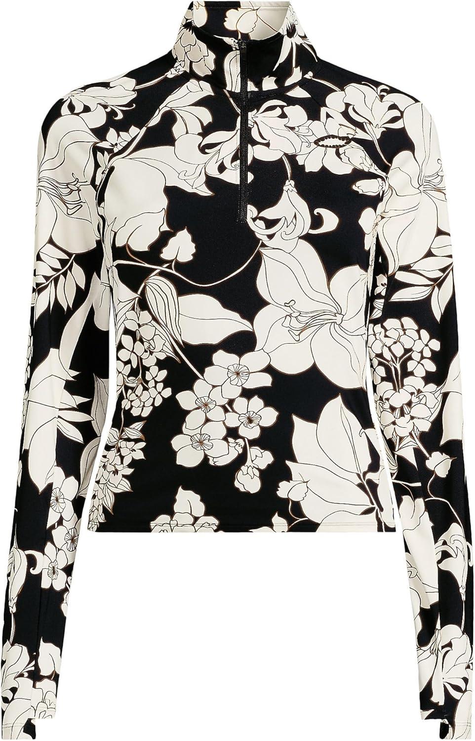 imageLands End Womens Long Sleeve Rash Guard Coverup UPF 50BlackEgret Lilies