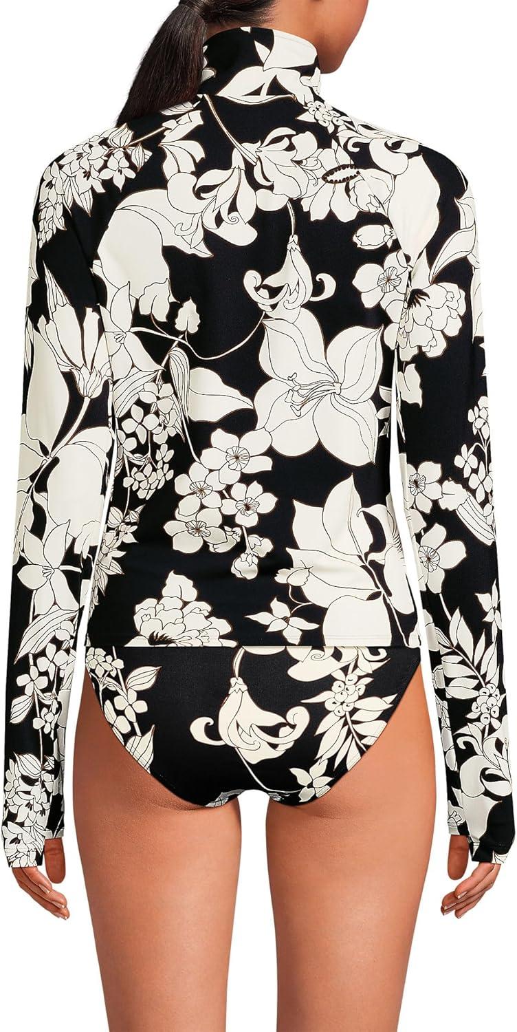 imageLands End Womens Long Sleeve Rash Guard Coverup UPF 50BlackEgret Lilies