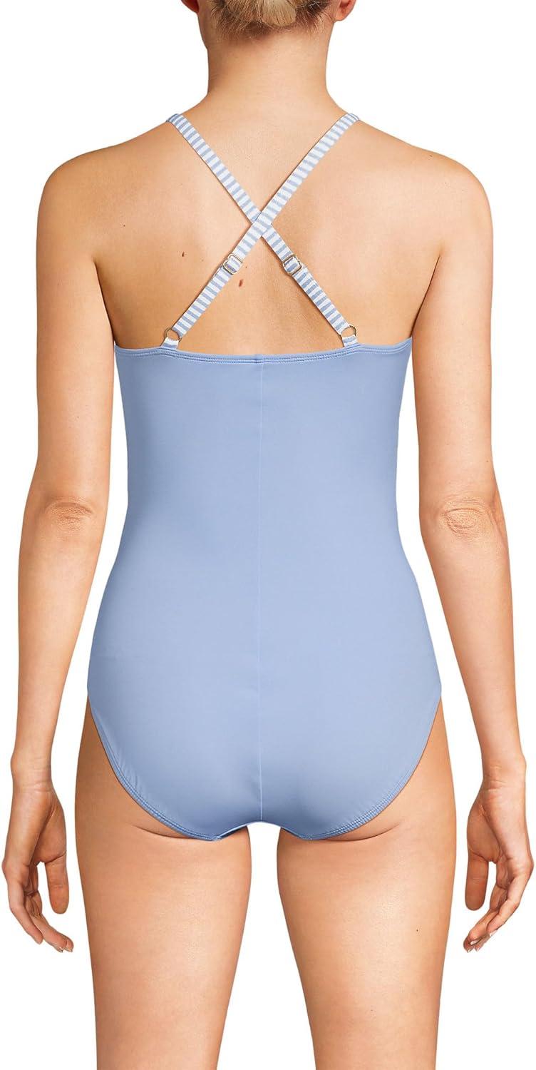imageLands End Womens Slender Suit VNeck Pleated XBack One Piece Swimsuit Adjustable StrapsSoft Cloud Blue Mini Stripe