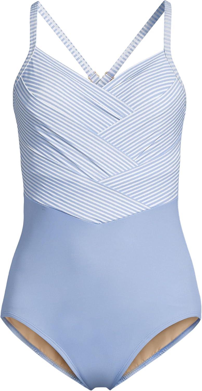 imageLands End Womens Slender Suit VNeck Pleated XBack One Piece Swimsuit Adjustable StrapsSoft Cloud Blue Mini Stripe