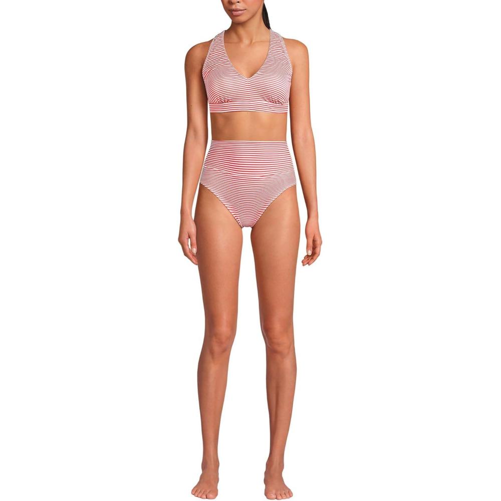imageLands End Womens Chlorine Resistant VNeck Midkini Swimsuit Top and High Leg High Waisted Bottoms 2 Piece SetWood Lily Mini Stripe