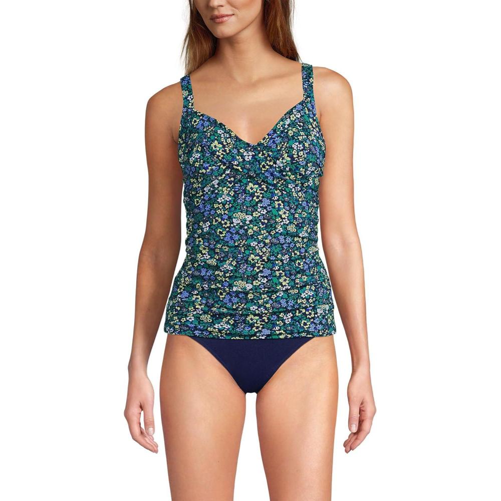 imageLands End Womens Chlorine Resistant Wrap Tankini Swimsuit TopNavy Multi Ditsy Floral