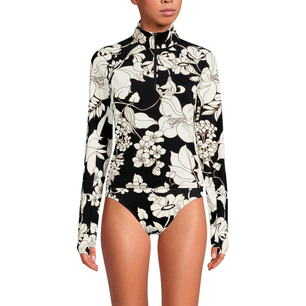 imageLands End Womens Long Sleeve Rash Guard Coverup UPF 50BlackEgret Lilies