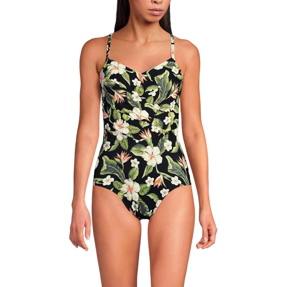 imageLands End Womens Slender Suit VNeck Pleated XBack One Piece Swimsuit Adjustable StrapsHibiscus FloralBlack