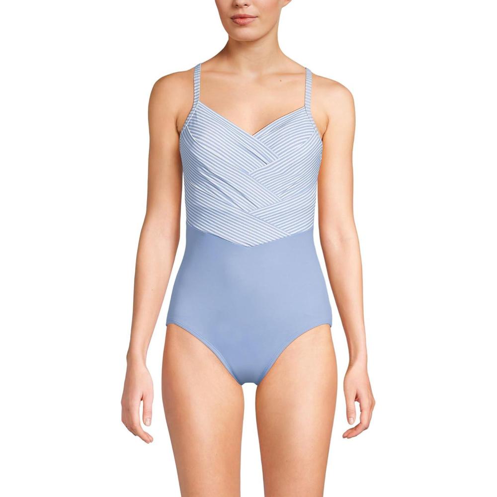 imageLands End Womens Slender Suit VNeck Pleated XBack One Piece Swimsuit Adjustable StrapsSoft Cloud Blue Mini Stripe