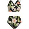 Lands’ End Women’s Chlorine Resistant V-Neck Midkini Swimsuit Top and High Leg High Waisted Bottoms 2 Piece Set(Hibiscus Floral/Black)