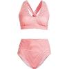 Lands’ End Women’s Chlorine Resistant V-Neck Midkini Swimsuit Top and High Leg High Waisted Bottoms 2 Piece Set(Wood Lily Mini Stripe)