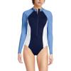 Lands’ End Women’s Chlorine Resistant Zip Front Long Sleeve Tugless Sporty One Piece Swimsuit(Lake Blue/Navy/White)