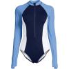 Lands’ End Women’s Chlorine Resistant Zip Front Long Sleeve Tugless Sporty One Piece Swimsuit(Lake Blue/Navy/White)