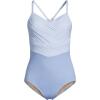 Lands’ End Women’s Slender Suit V-Neck Pleated X-Back One Piece Swimsuit Adjustable Straps(Soft Cloud Blue Mini Stripe)