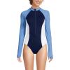 Lands’ End Women’s Chlorine Resistant Zip Front Long Sleeve Tugless Sporty One Piece Swimsuit(Lake Blue/Navy/White)